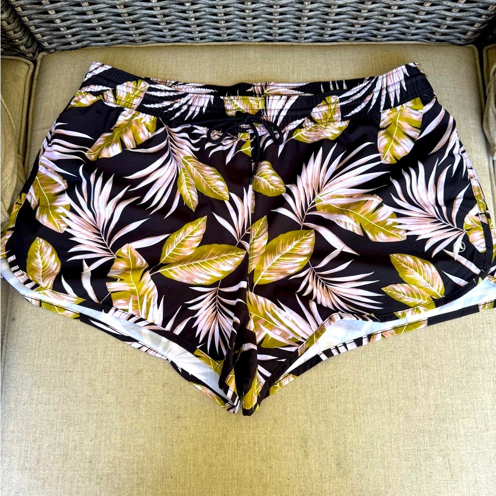 Hurley, Black, Tan, Green Leaf Print, Swim Shorts, Size XL